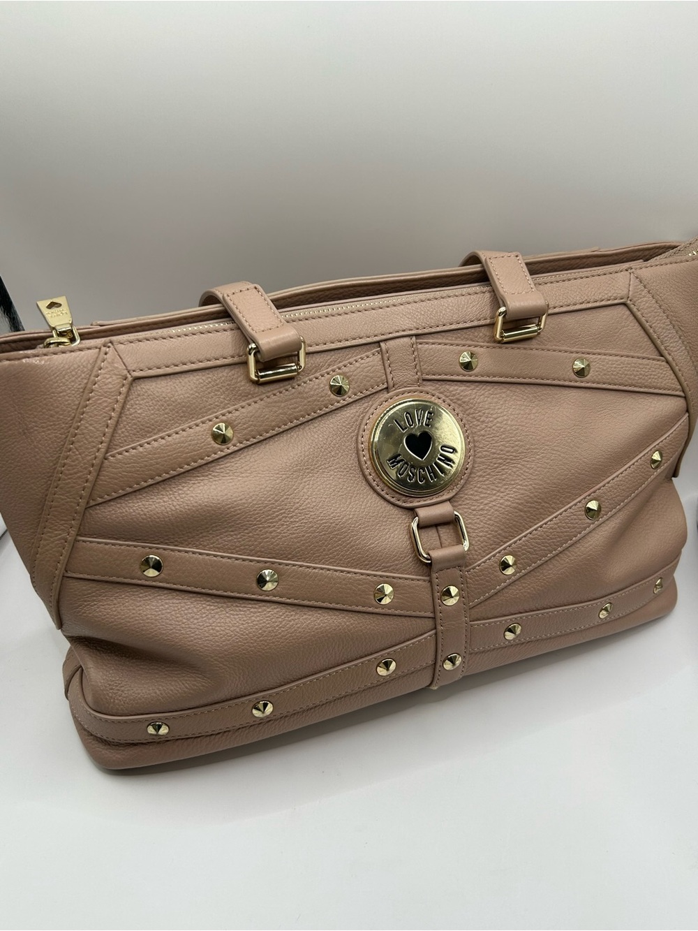 Love Moschino Nude Pink Studded Leather Tote with Gold Hardware